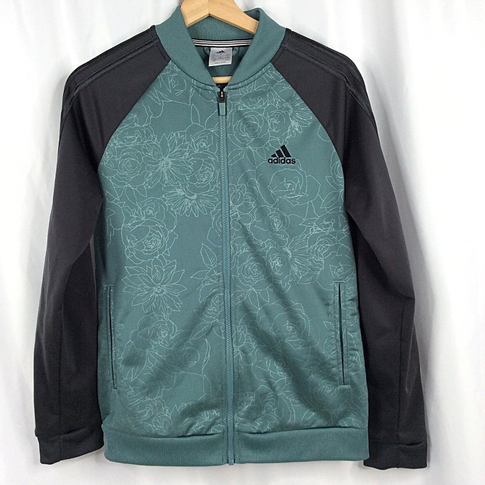 Adidas‎ Embossed Floral Track Jacket Women's Size Small 8/10 Green Gray Full Zip